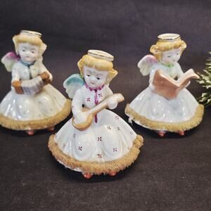 3 Vintage Christmas Angels Figurines Instruments Ucagco Japan Netting Trim